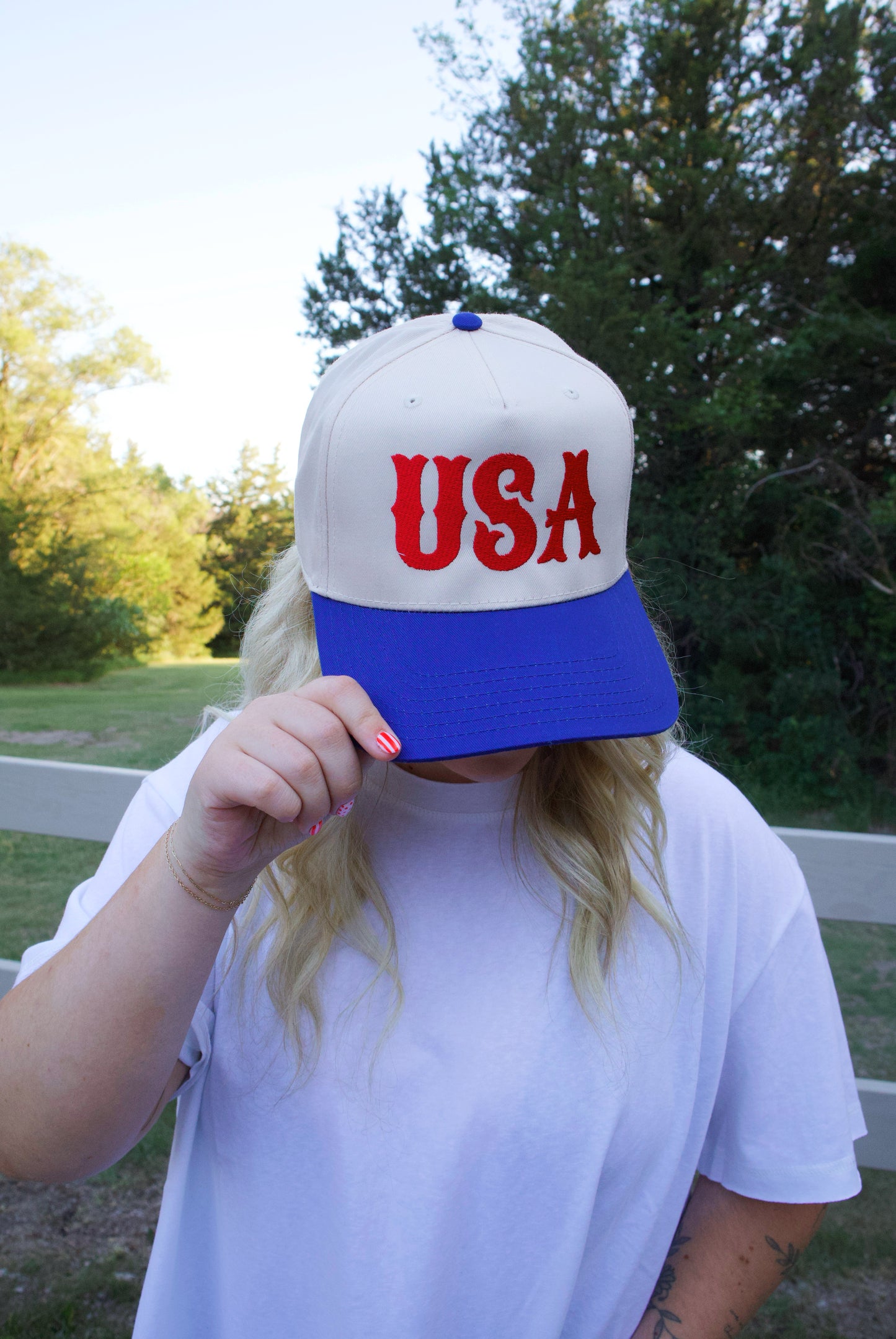 USA Typography Embroidery Two-Tone Trucker Hat