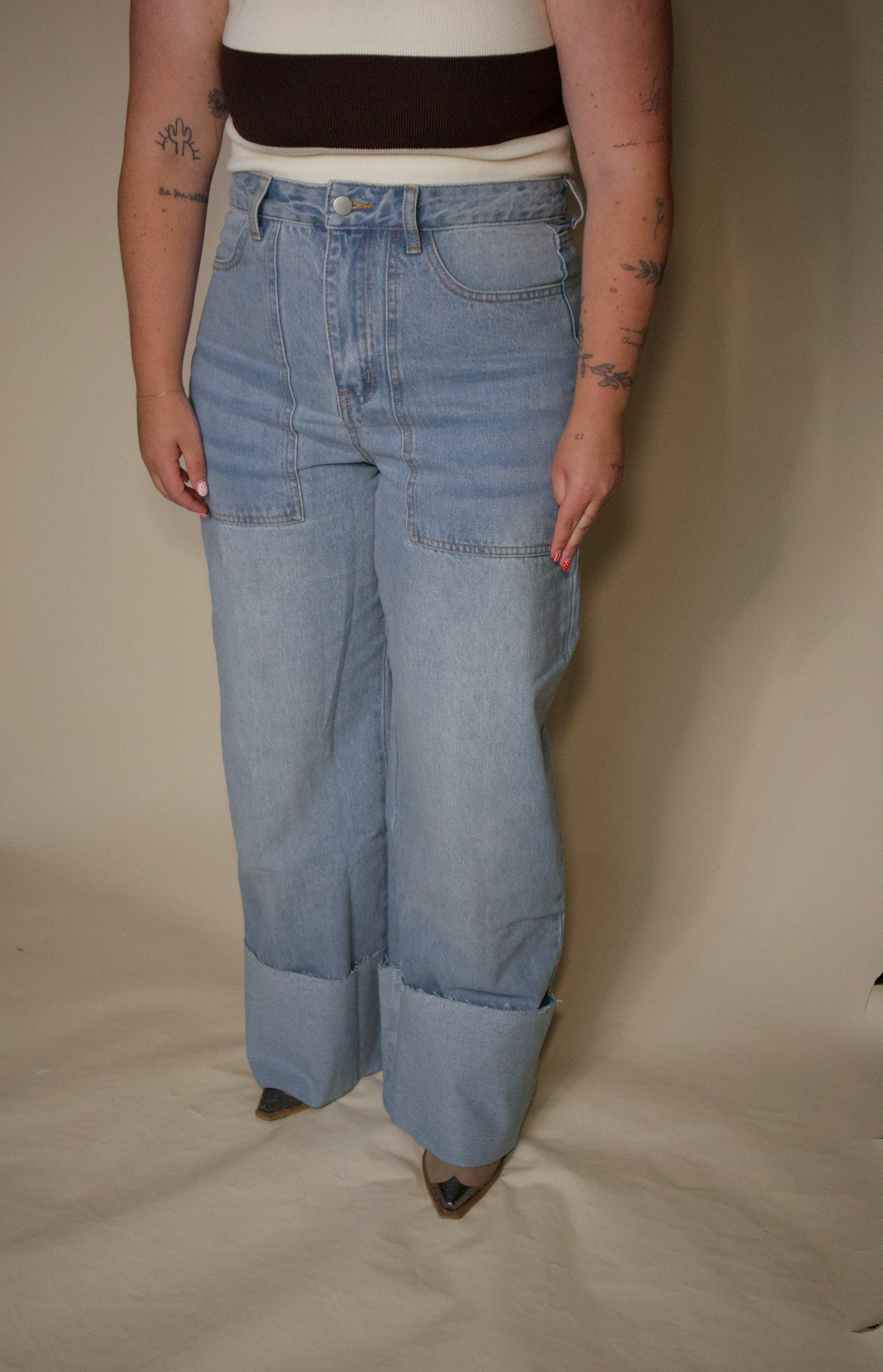 The Natalie High Waisted Wide Leg Cuffed Denim Jeans