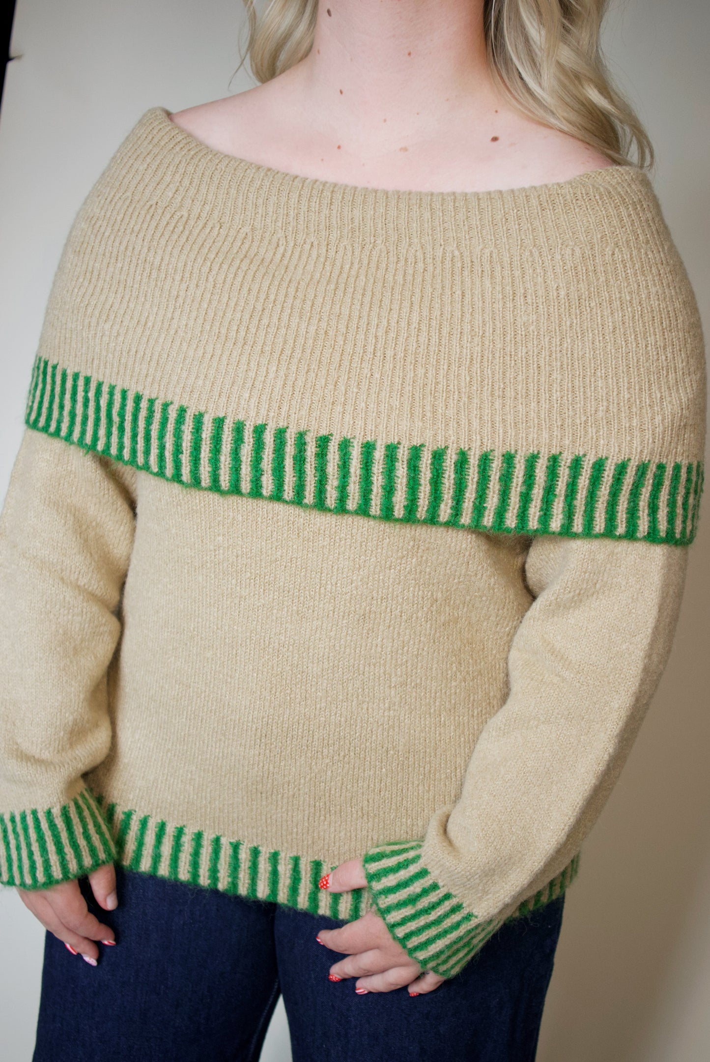 Evergreen Eve Off Shoulder Sweater