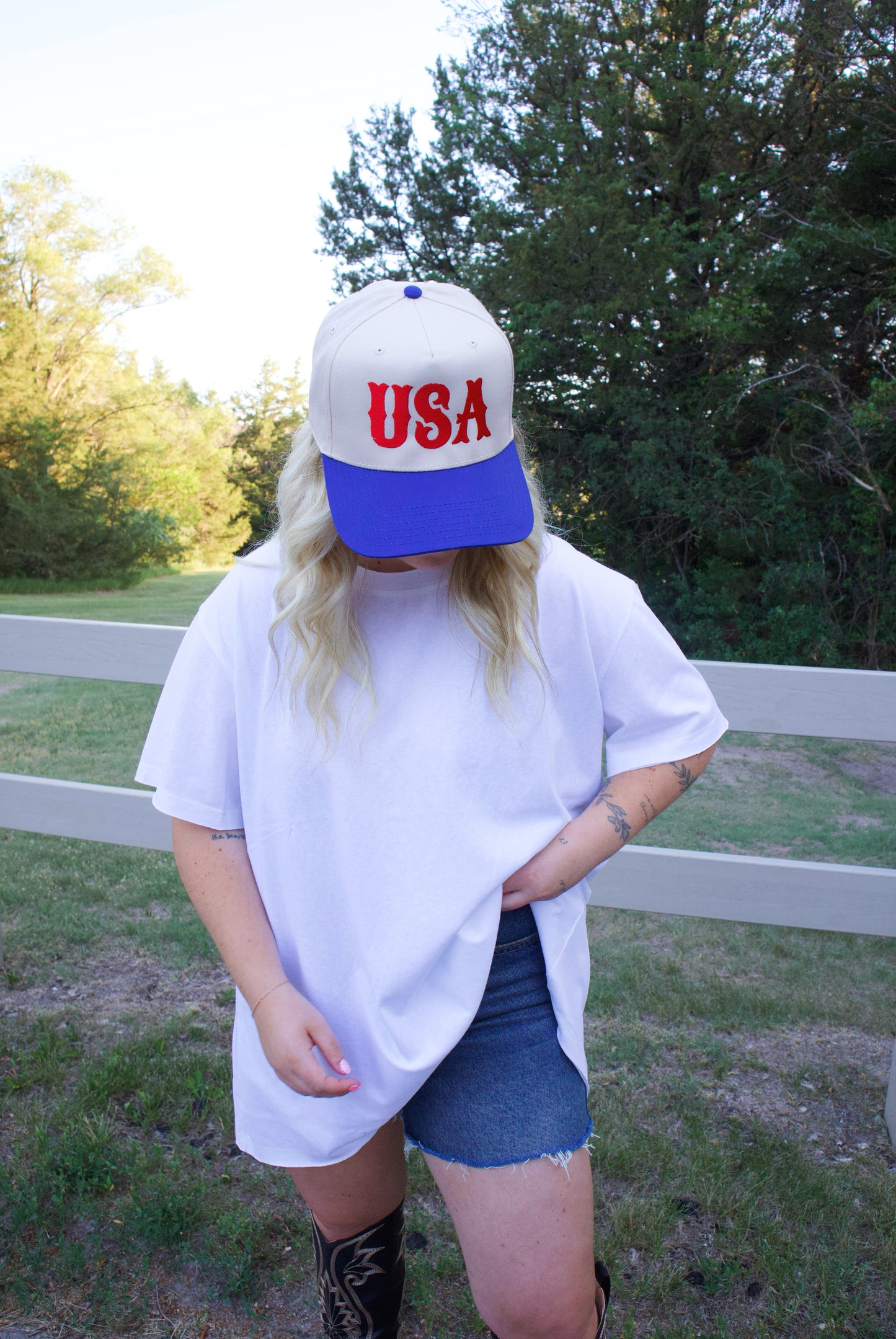 USA Typography Embroidery Two-Tone Trucker Hat