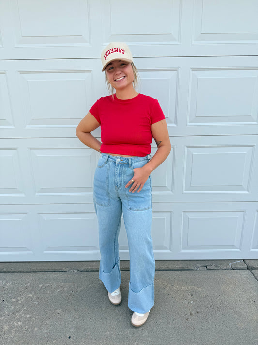 The Natalie High Waisted Wide Leg Cuffed Denim Jeans
